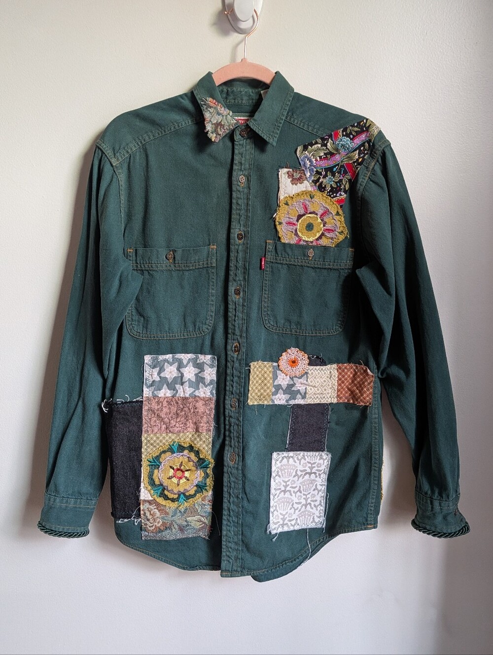 HANDMADE LEVI'S Reworked Green Autumnal Bohemian Cotton Shirt Jacket Small
